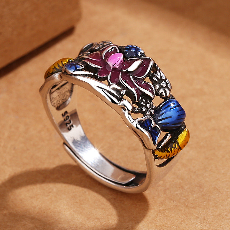 Anillo de riqueza de la suerte con diseño de hojas de flor de loto y peces Koi de Buddha Stones