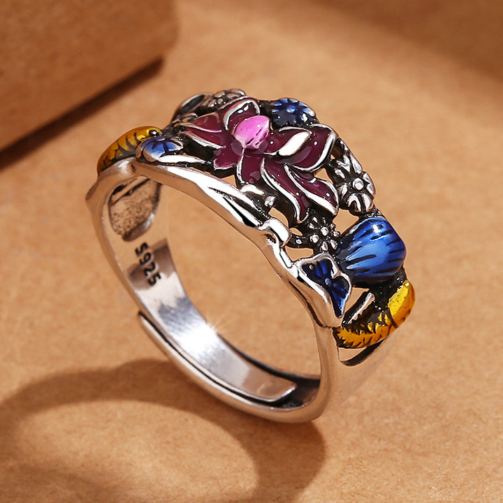 Anillo de riqueza de la suerte con diseño de hojas de flor de loto y peces Koi de Buddha Stones
