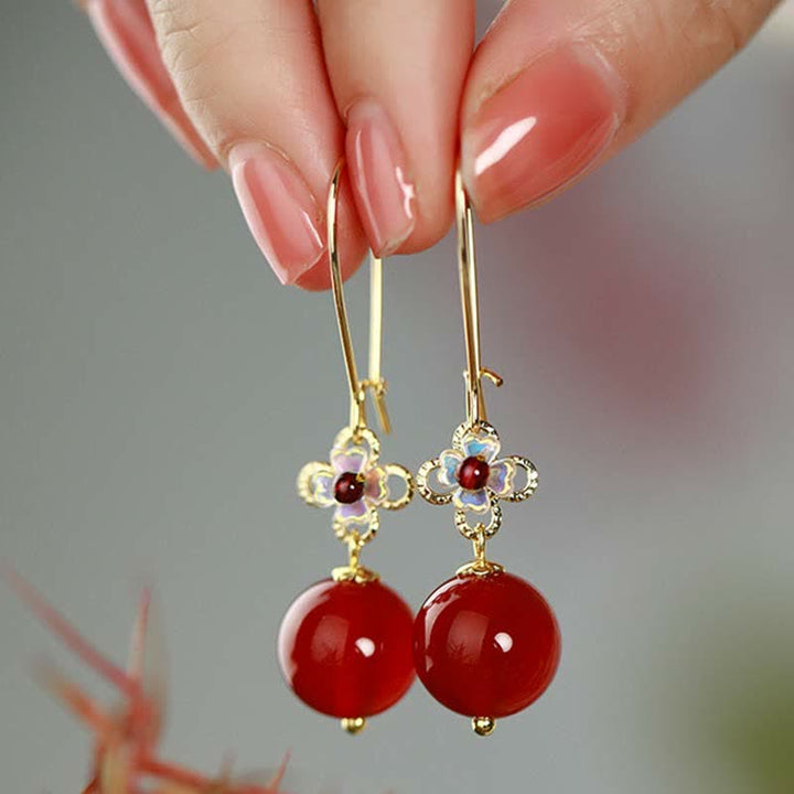 Pendientes de confianza con cuentas de flor de ágata roja de plata de ley 925 con Buddha Stones