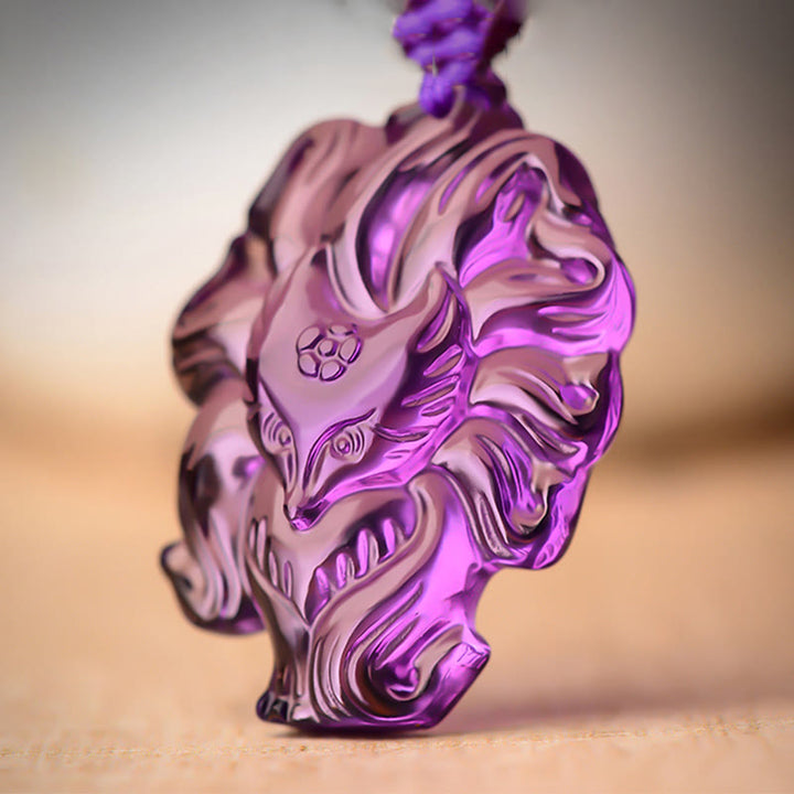 Buddha Stones, amatista Natural, cristal blanco, citrino, colgante de collar de la suerte de zorro de nueve colas