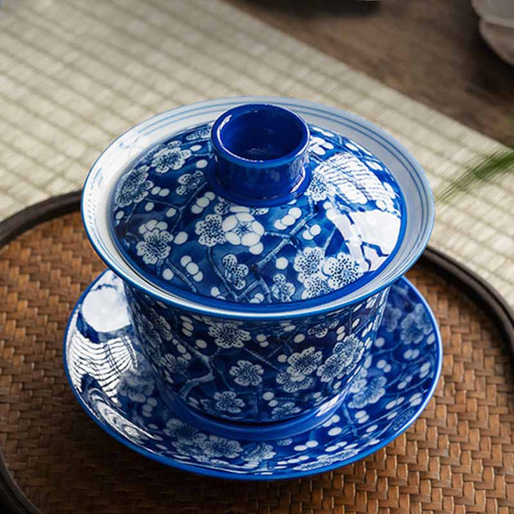 Taza de té de cerámica Gaiwan Sancai, taza de té de Kung Fu y platillo con tapa, Buddha Stones, flor de ciruelo, porcelana azul y blanca, 185ml