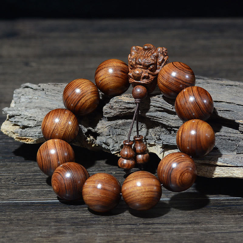 Pulsera de protección tallada con dragón de madera de agar, Buddha Stones , palisandro, sándalo verde, hoja pequeña, sándalo rojo