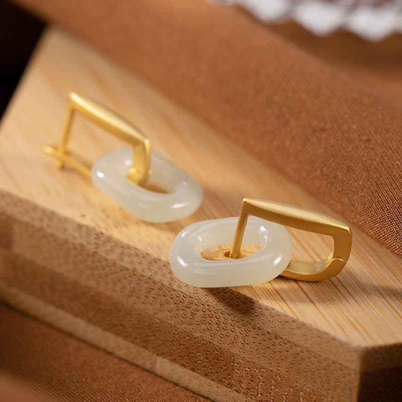 Pendientes de bendición de la felicidad de jade blanco redondo de plata de ley 925 con Buddha Stones