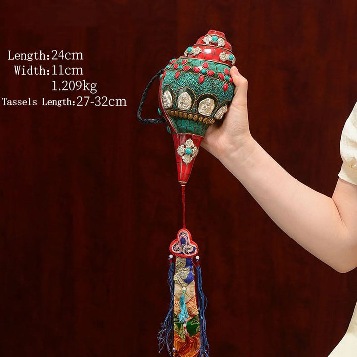 Tibetano hecho a mano Shankha Om Mani Padme Hum Buda Avalokitesvara turquesa Concha decoración positiva - Turquesa roja 24*11cm - image 1