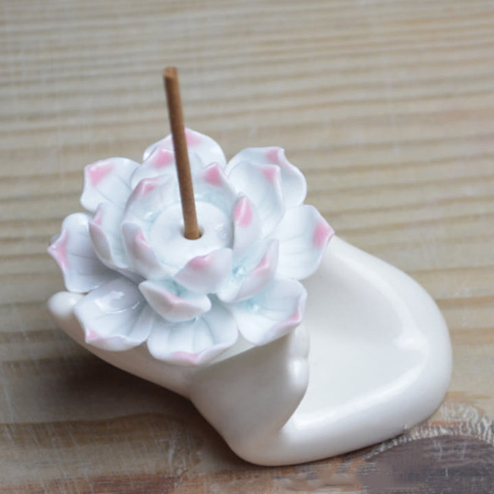 Quemador de incienso de meditación curativo a mano, pequeño loto de cerámica con Buddha Stones , decoración