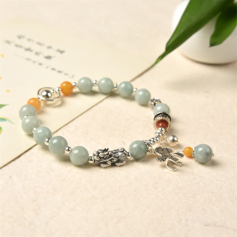 Pulsera de éxito de pony PiXiu de ámbar y jade natural de plata de ley 925