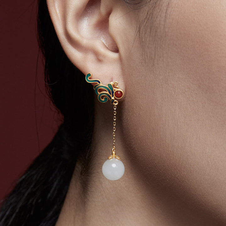 Pendientes colgantes con cuentas de ágata roja y jade blanco vintage con Buddha Stones