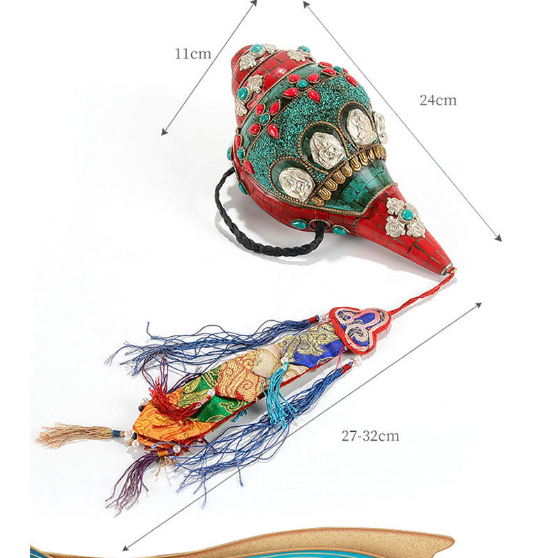 Tibetano hecho a mano Shankha Om Mani Padme Hum Buda Avalokitesvara turquesa Concha decoración positiva - image 14