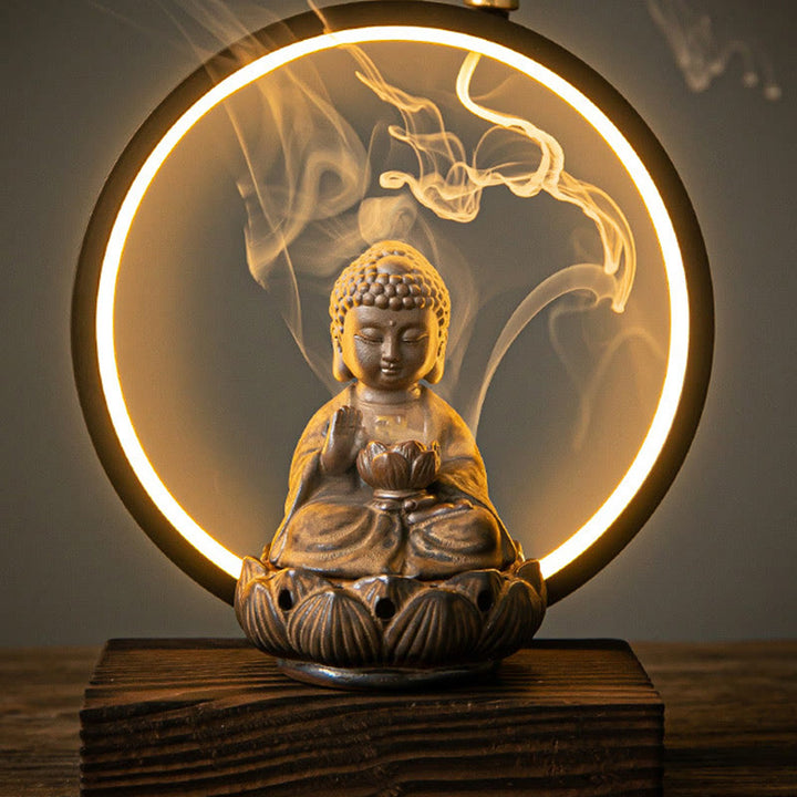Quemador de incienso de bendición de cerámica con decoración de luz, fuente de humo de reflujo de loto de Buda , Buddha Stones