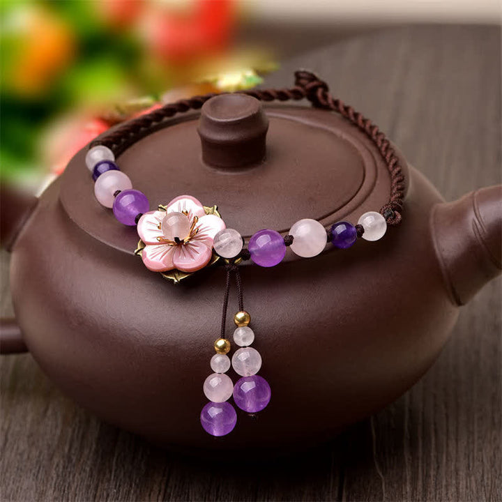 Tobillera curativa de la suerte con dije de cristal de cuarzo rosa y amatista Natural con Buddha Stones