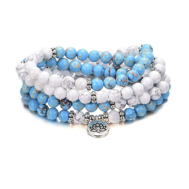 Pulsera de bendición de loto de piedra emperador turquesa blanca de 108 cuentas Mala
