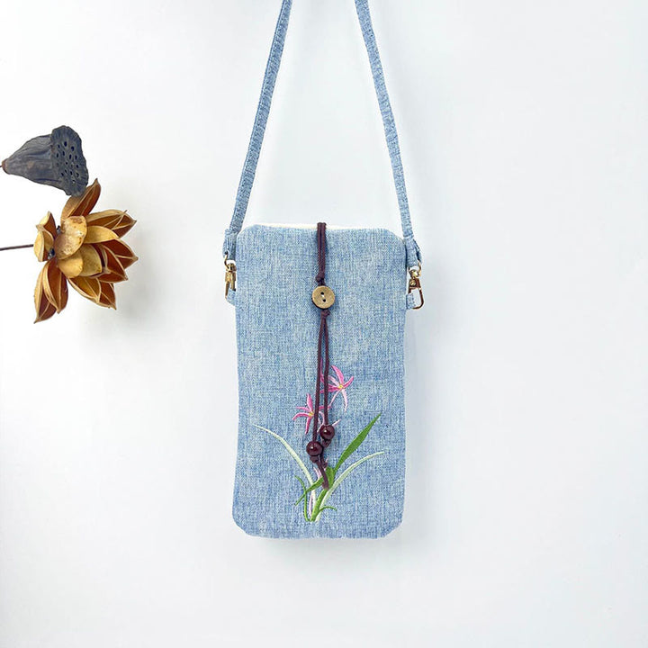 Buddha Stones, pequeñas flores bordadas, bolso de hombro, bolso para teléfono móvil, 11*20cm