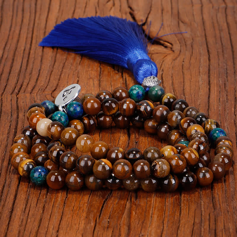 Buddha Stones 108 cuentas Mala, ojo de tigre, pulsera de fuerza de Buda, colgante de collar con borlas