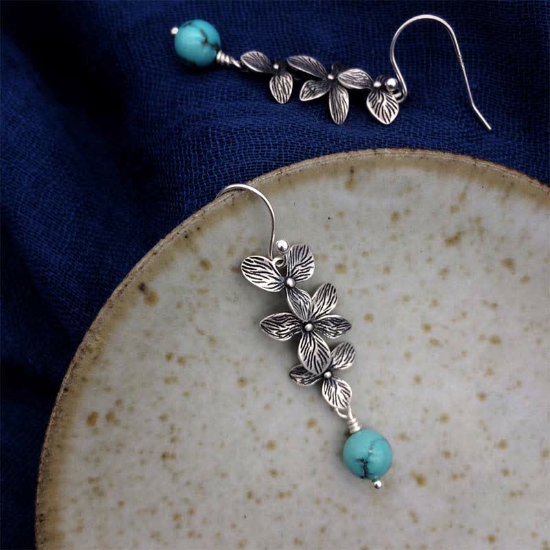Pendientes colgantes de plata de ley 925 con forma de flor de lazurita turquesa y hoja de serenidad