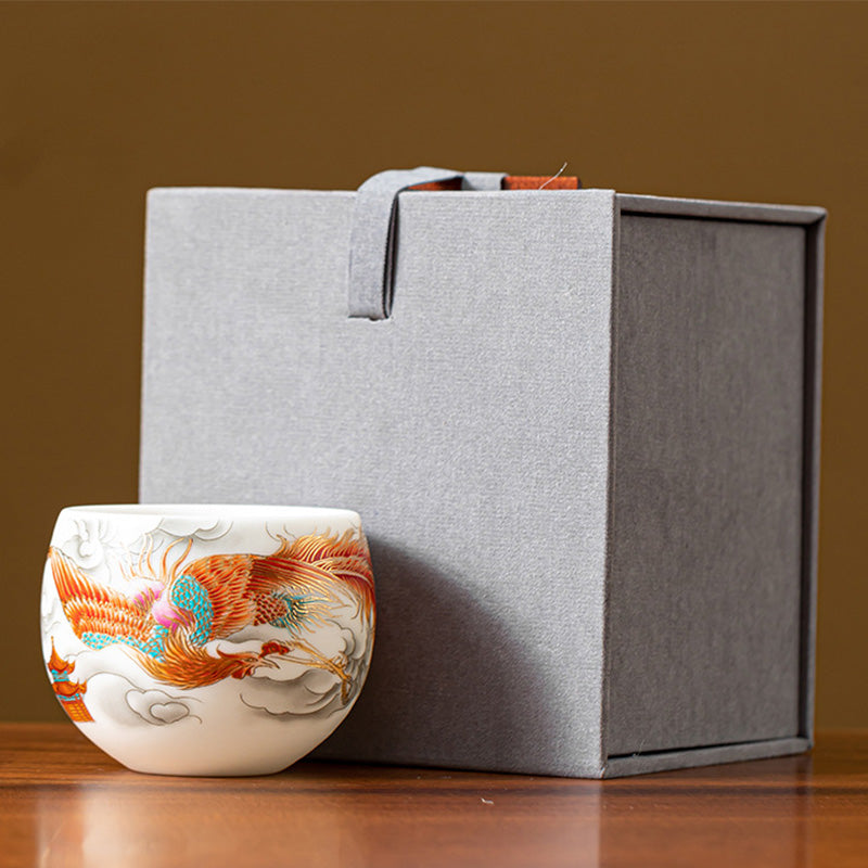Taza de té de cerámica con caja de regalo, tazas de té de Kung Fu con Buddha Stones , dragón, Fénix, nubes propicias