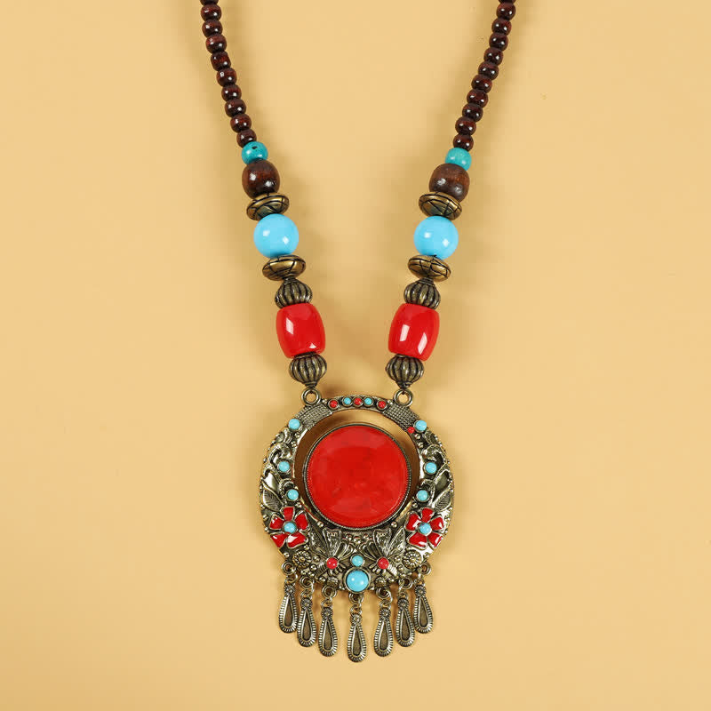 Accesorios para el cabello con borlas y cuentas retro tibetanas - Flor roja - image 15
