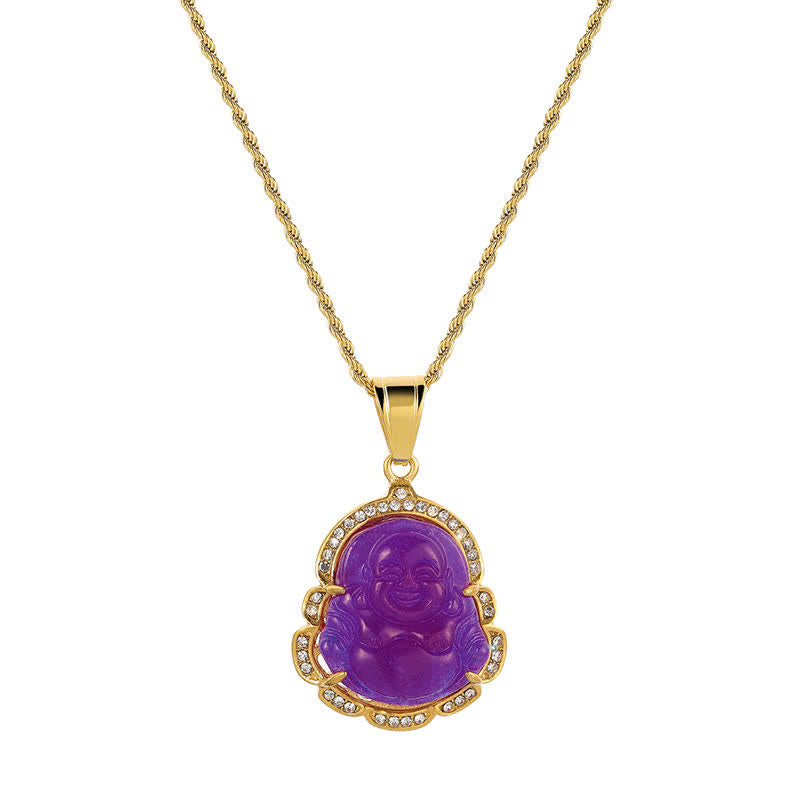 Colgante de cadena con collar de la suerte de jade de Buda sonriente relleno de oro de 18 quilates con Buddha Stones - Púrpura - image 18