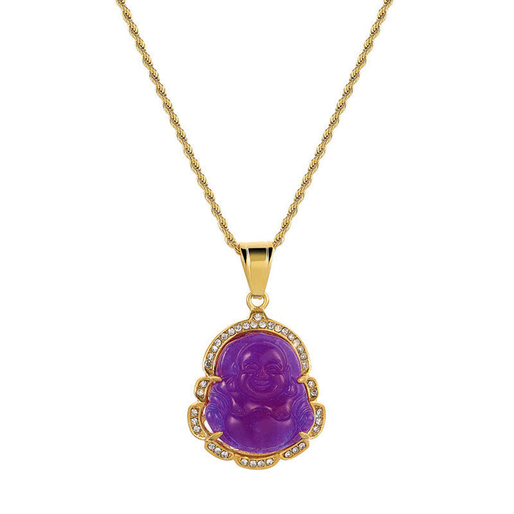Colgante de cadena con collar de la suerte de jade de Buda sonriente relleno de oro de 18 quilates con Buddha Stones - Púrpura - image 18