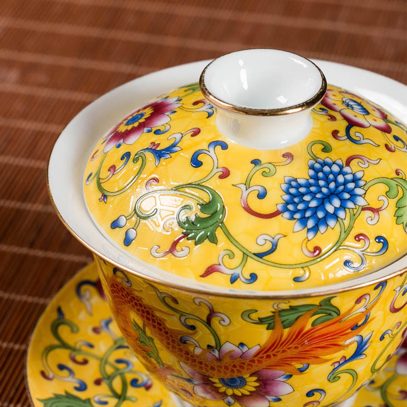 Taza de té y platillo con tapa, cerámica, diseño de flor de Fénix, dragón, Buddha Stones , Gaiwan Sancai, Kung Fu