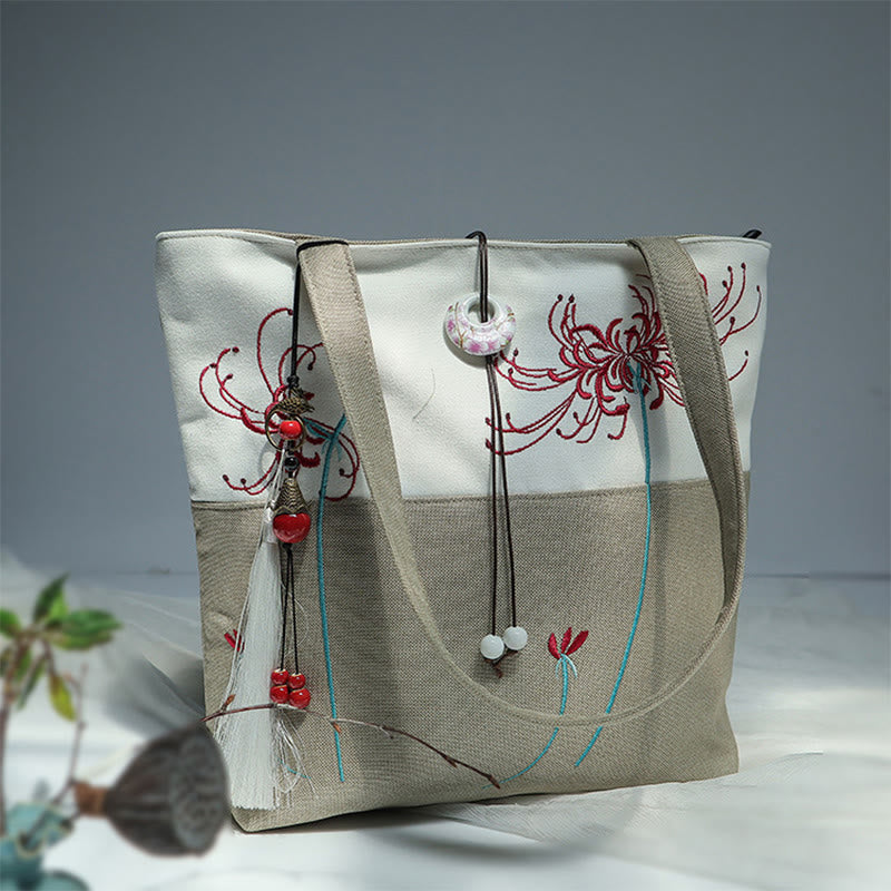 Bolso de hombro de gran capacidad con bordado de bambú, flor de pera, ciruelo, flor de melocotón, bolso de mano