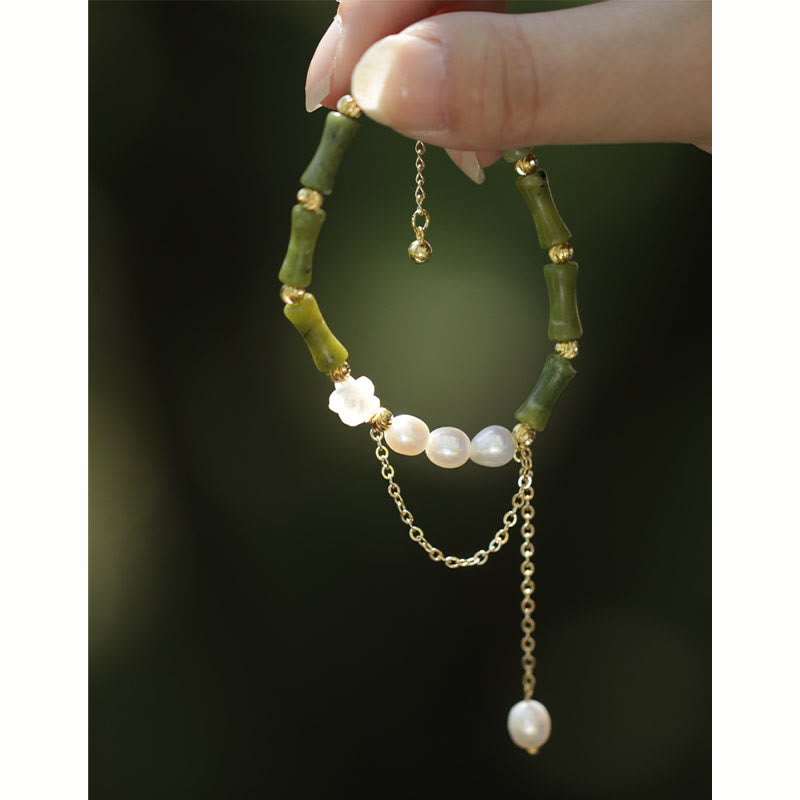 Pulsera de riqueza con Buddha Stones, bambú verde, jade, lirio de los valles