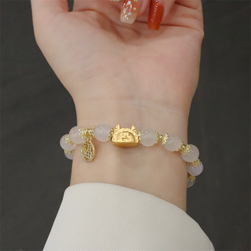 Buddha Stones Año del Dragón Ágata roja Cuarzo fresa Obsidiana negra Jade Granate Perla Cinabrio Bola de masa Dragón Suerte Fu Pulsera con personajes