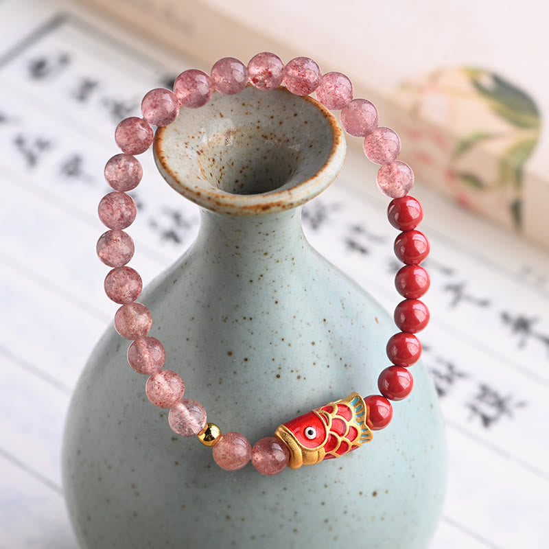 Pulsera curativa de peces Koi de la suerte, cinabrio, cuarzo fresa Natural, Buddha Stones