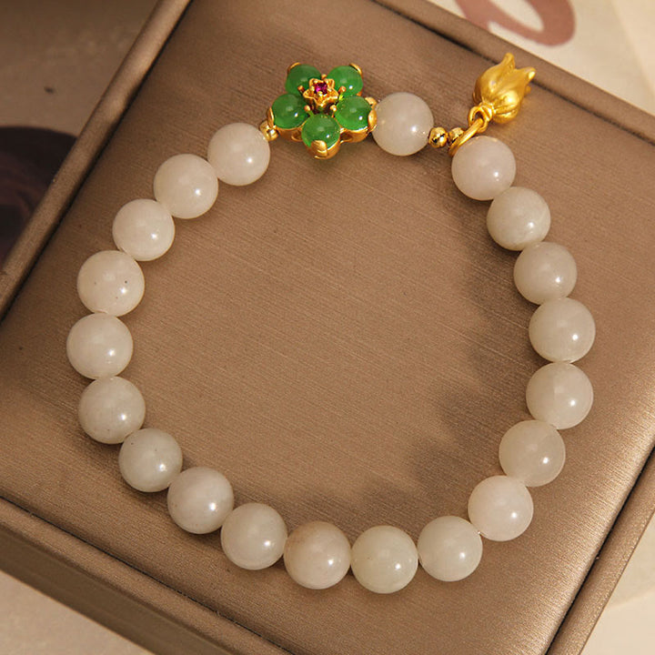 Pulsera de la suerte con Buddha Stones, jade natural, flor verde, lirio de los valles