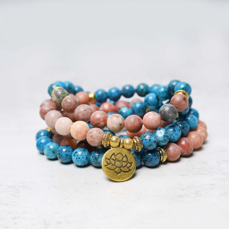 Buddha Stones 108 cuentas Mala apatita piedra roja loto meditación oración pulsera de cuentas
