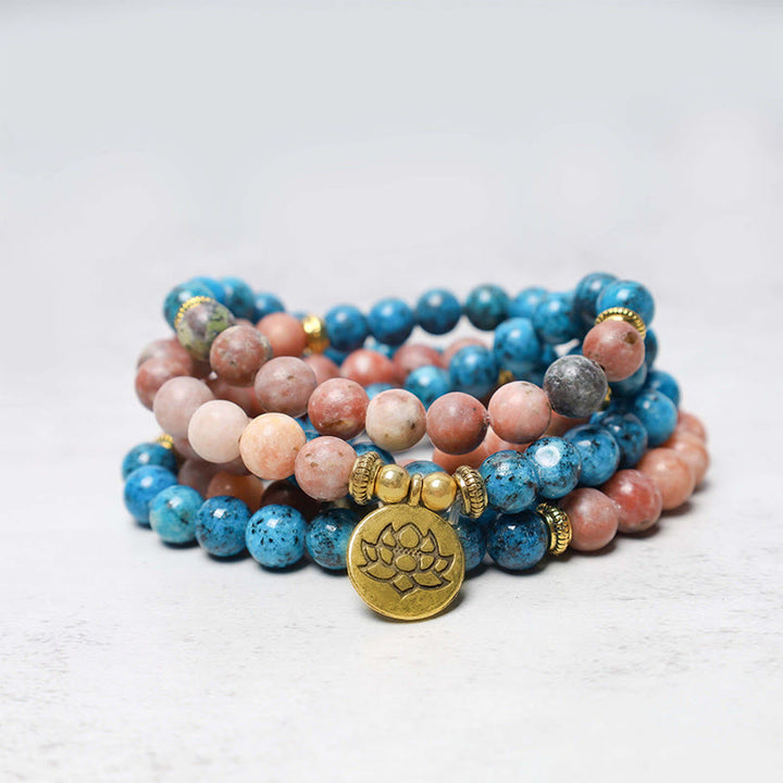 Buddha Stones 108 cuentas Mala apatita piedra roja loto meditación oración pulsera de cuentas