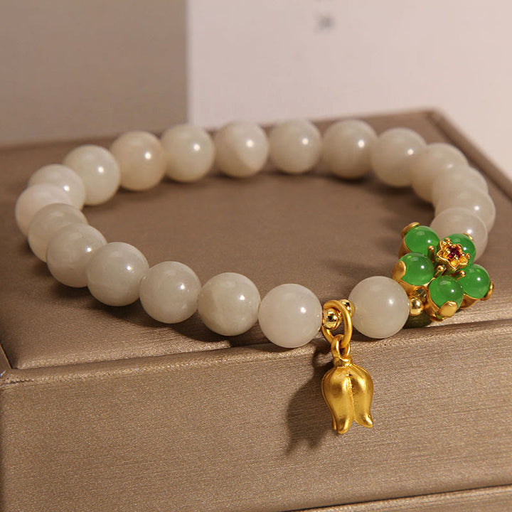 Pulsera de la suerte con Buddha Stones, jade natural, flor verde, lirio de los valles
