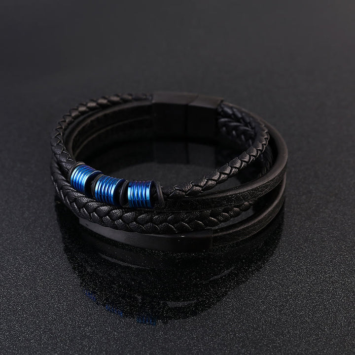 Pulsera con hebilla magnética trenzada con equilibrio de acero y titanio multicapa de cuero con Buddha Stones