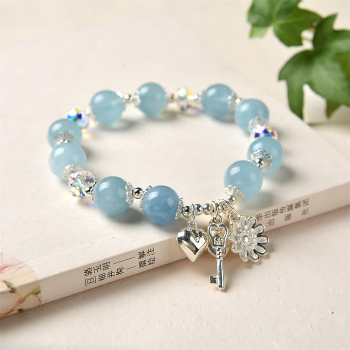 Pulsera con dije de llave de amor con flor de serenidad de aguamarina natural de plata de ley 925