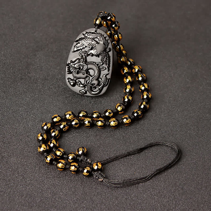Colgante de collar con cuentas de protección de dragón y fénix de ojo de tigre de obsidiana negra - Cadena de cuentas retráctiles de obsidiana dorada - image 11