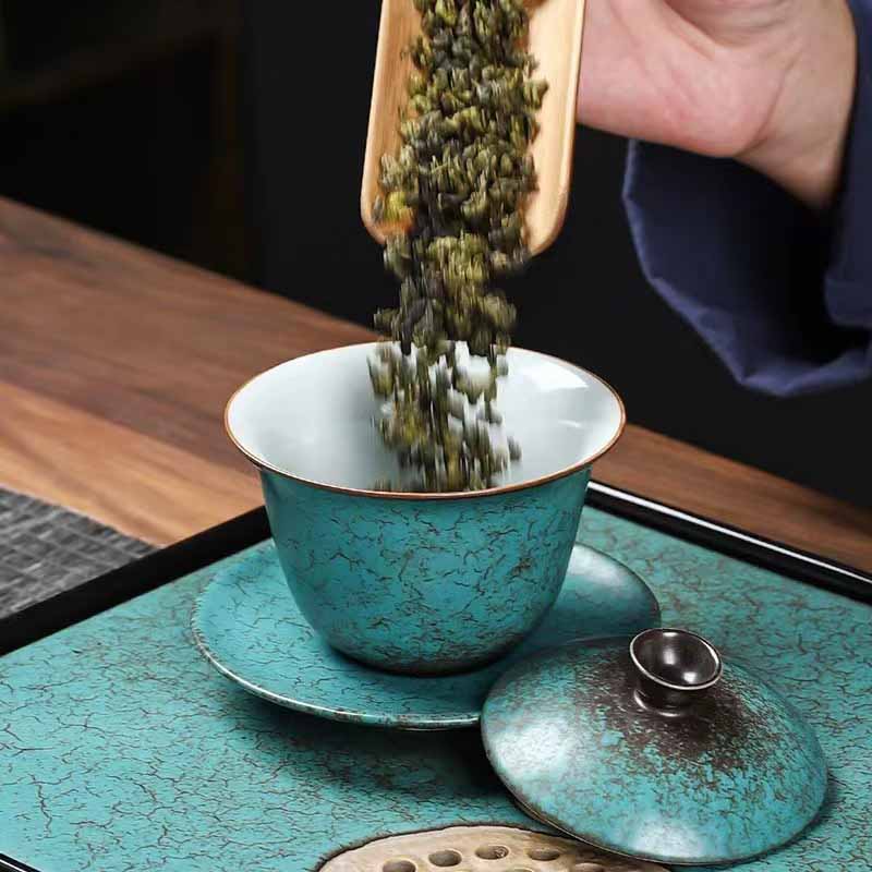 Taza de té y platillo con tapa, Gaiwan Sancai de cerámica verde, pino tradicional, Buddha Stones , Kung Fu