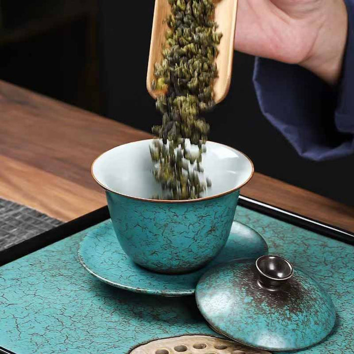 Taza de té y platillo con tapa, Gaiwan Sancai de cerámica verde, pino tradicional, Buddha Stones , Kung Fu