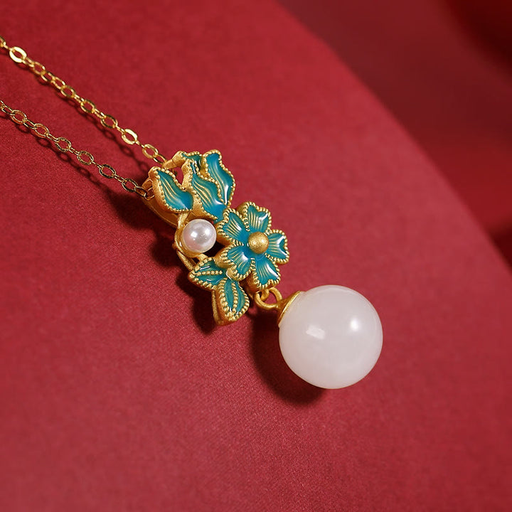 Buddha Stones Jade blanco Plata de ley 925 Perla Flor Bendición Collar Colgante Anillo Pendientes
