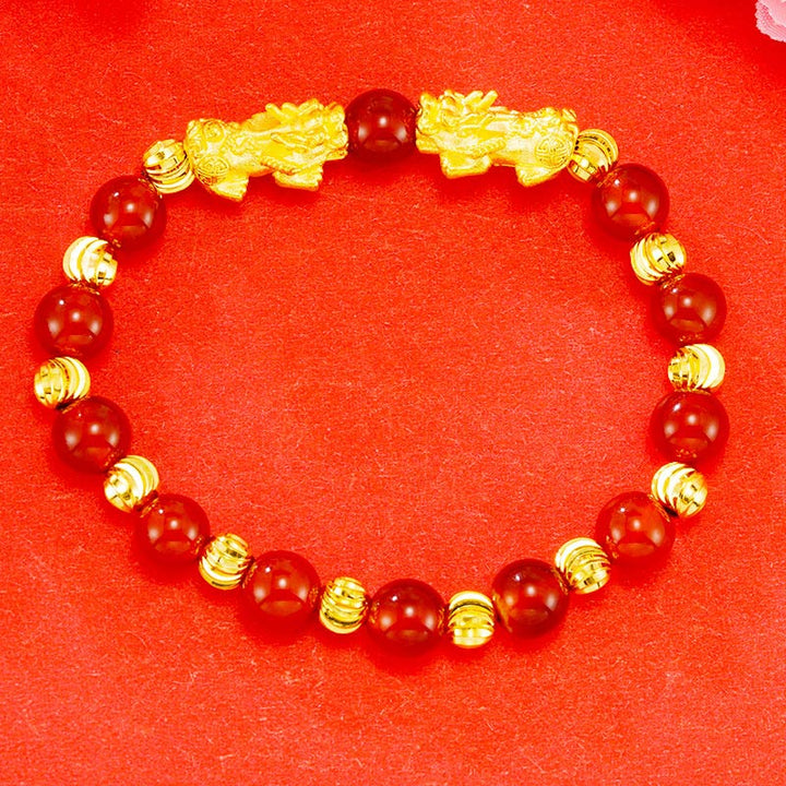 Pulsera de riqueza Pixiu doble dorada galvanizada con Buddha Stones