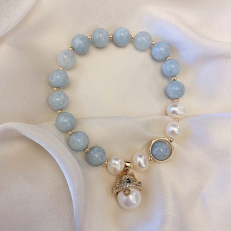 Pulsera con dije de gato de la suerte, curación de la paz, perlas de aguamarina, Buddha Stones - image 6