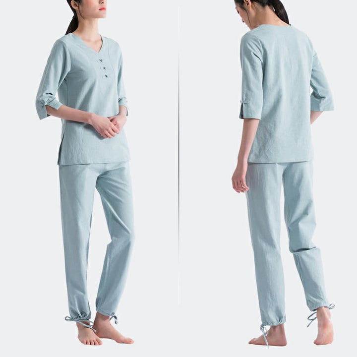 Conjunto de ropa de lino y algodón con diseño de cuello en V para mujer, uniforme de práctica Zen, Buddha Stones, Yoga, meditación y oración