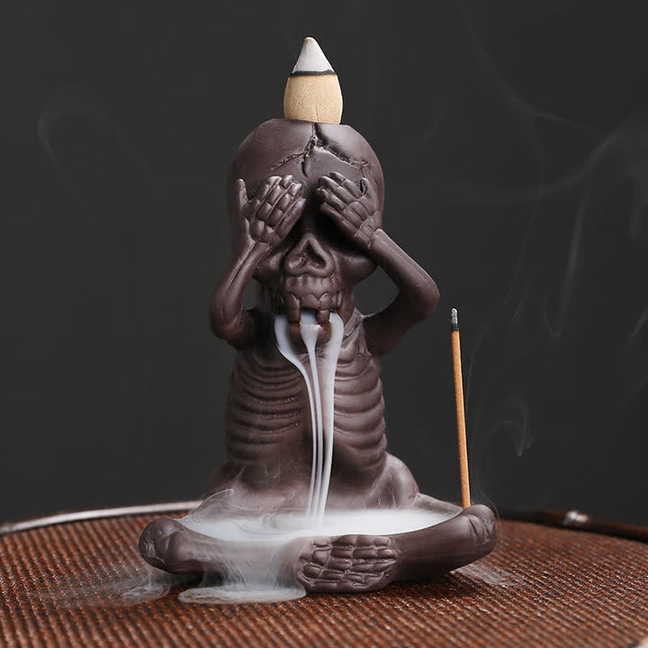 Buddha Stones, pequeño cráneo, fantasma, arcilla púrpura, reflujo de humo, fuente, decoración de quemador de incienso de paz