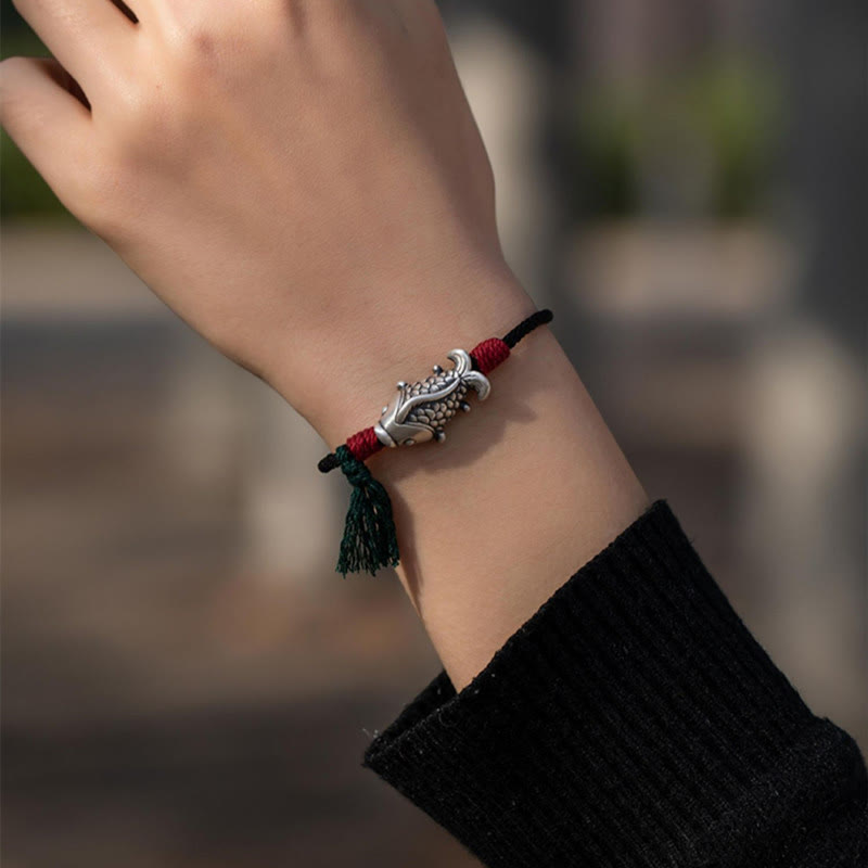 Pulsera trenzada de pez koi de la suerte de plata de ley 925 con Buddha Stones