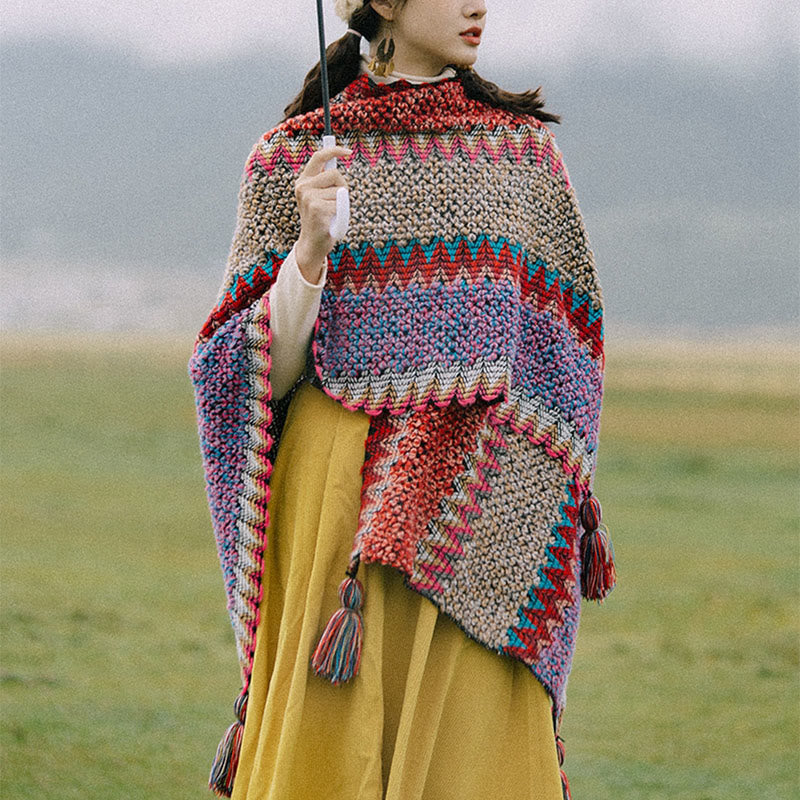 Chal tibetano con Buddha Stones , capa cálida, bufanda tibetana con borlas - Cárdigan rojo - image 0