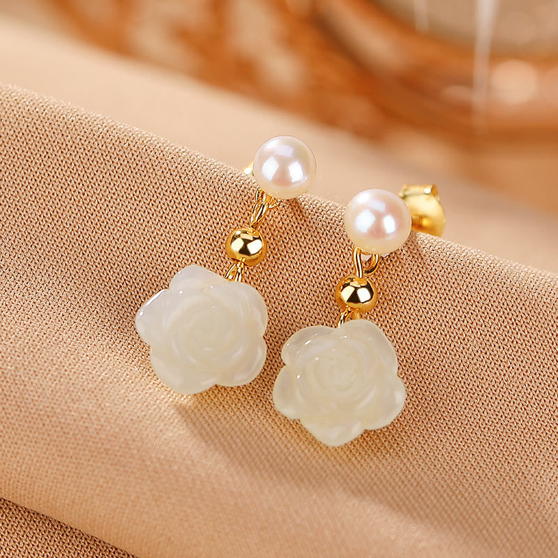 Pendientes de la suerte con perlas de jade cian y flor de rosa de jade chapado en plata de ley 925 con Buddha Stones