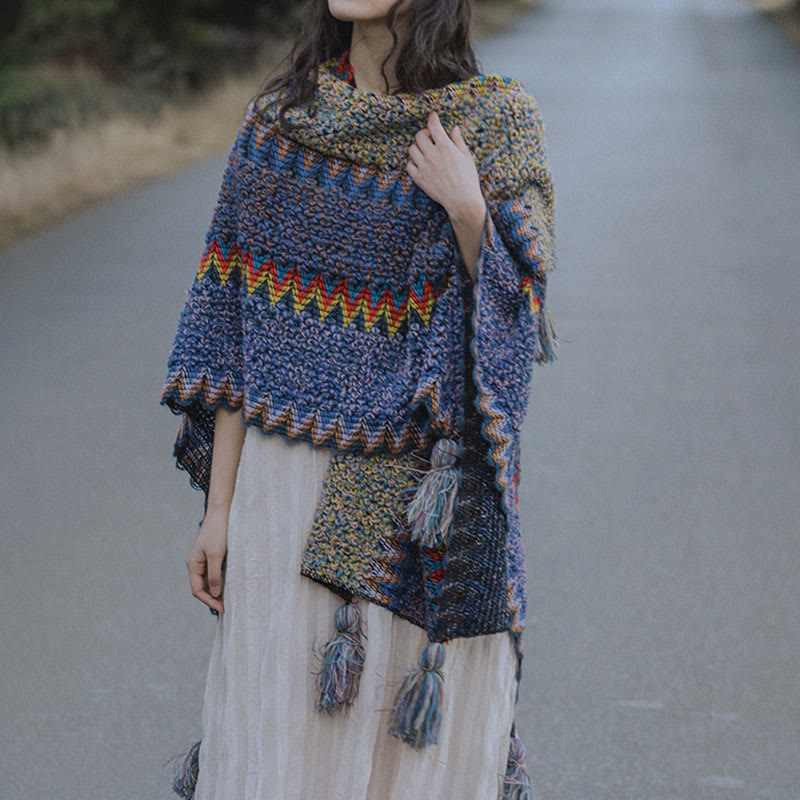 Mantón tibetano de Buddha Stones, capa de punto suave y cálida, bufanda tibetana con borlas de invierno - image 4