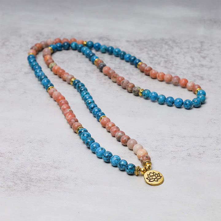 Buddha Stones 108 cuentas Mala apatita piedra roja loto meditación oración pulsera de cuentas