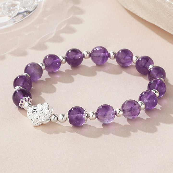 Pulsera espiritual de loto de amatista natural de plata de ley 925 con Buddha Stones
