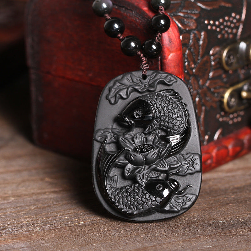 Colgante de collar con cuentas de fuerza de loto de pez Koi de obsidiana negra natural con Buddha Stones