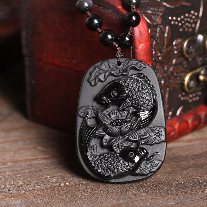 Colgante de collar con cuentas de fuerza de loto de pez Koi de obsidiana negra natural con Buddha Stones