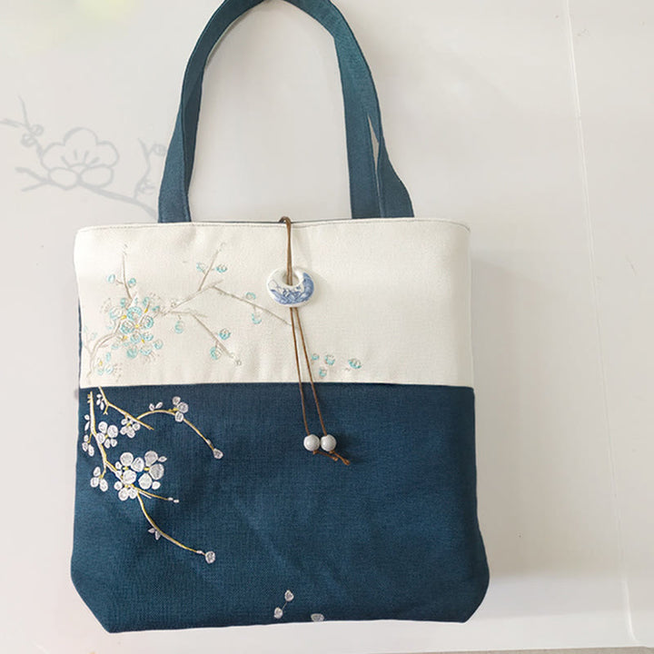 Bolso de hombro de gran capacidad con bordado de bambú, flor de pera, ciruelo, flor de melocotón, bolso de mano